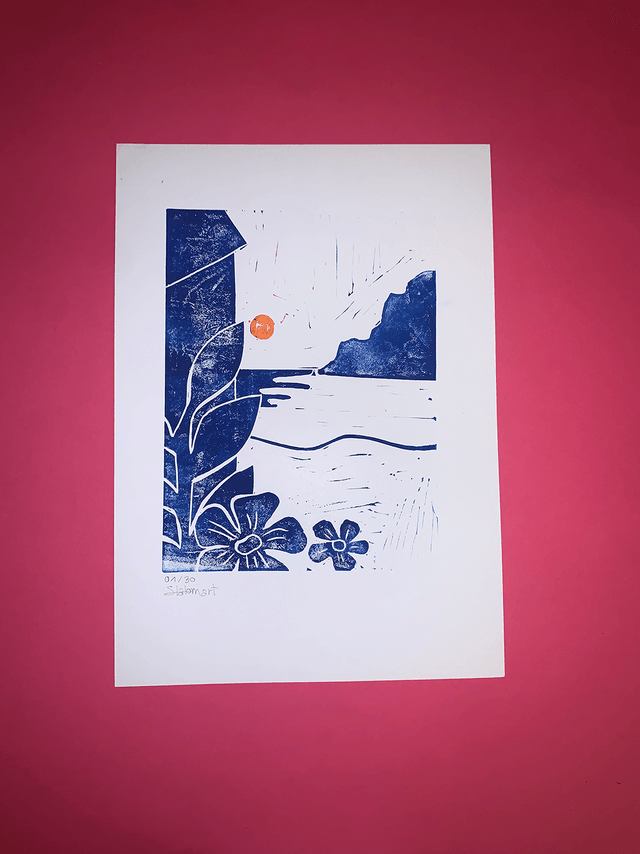 Linogravure A4 édition limitée « Plage secrète »