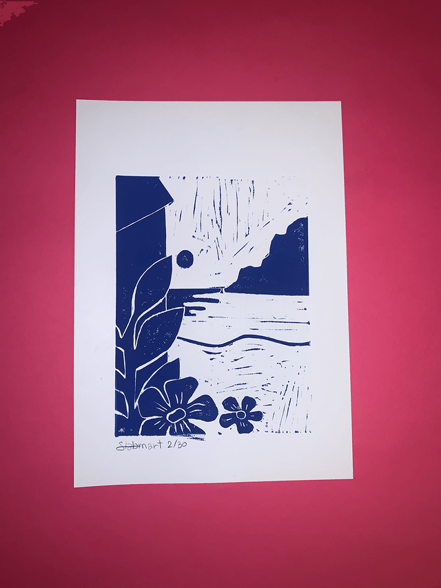 Linogravure A4 édition limitée « Plage secrète »