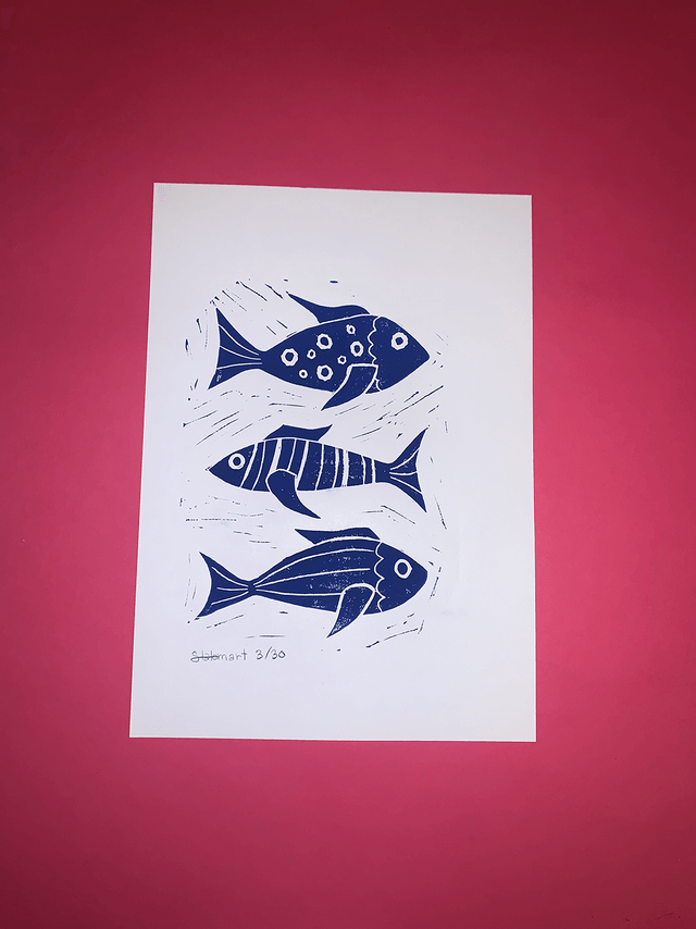 Linogravure A4 édition limitée « Les poissons »