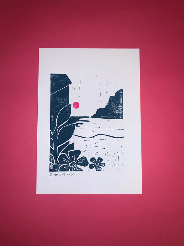 Linogravure A4 édition limitée « Plage secrète »
