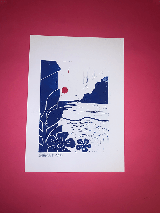 Linogravure A4 édition limitée « Plage secrète »
