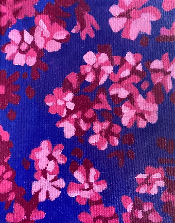 Fleurs roses, peinture à l'huile de fleurs en bichromie rose et bleue, de 18x24cm par Salomé Quetier (Slalomart)