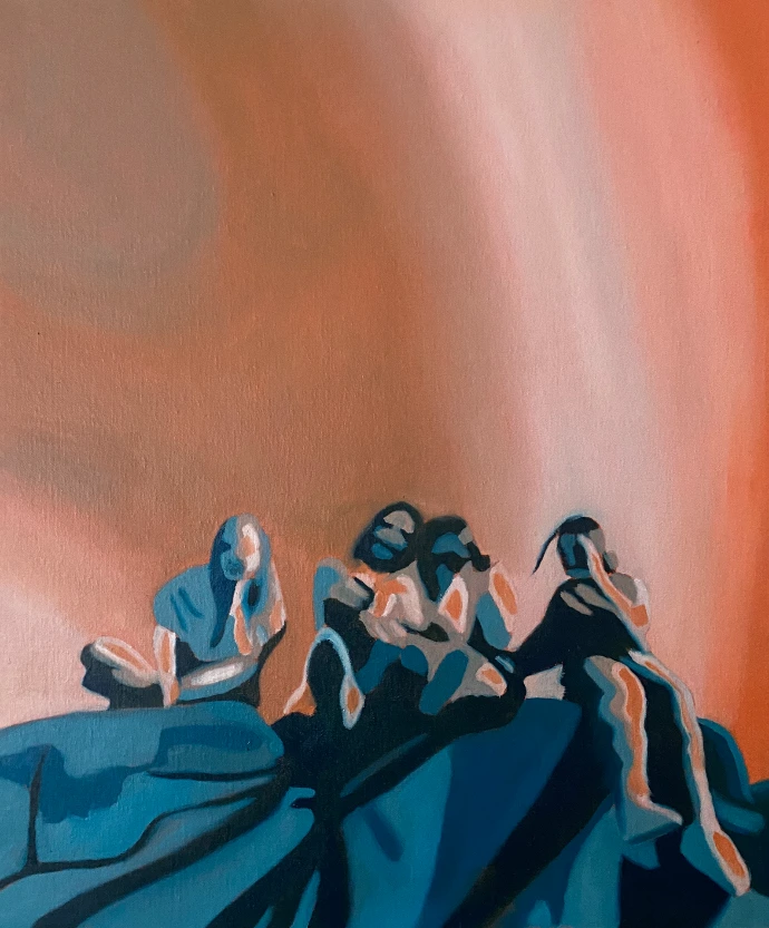 Les copines, peinture à l'huile d'une scène de vie entre amies sur un rocher, en bichromie orange et turquoise, de 60x80cm par Salomé Quetier (Slalomart)