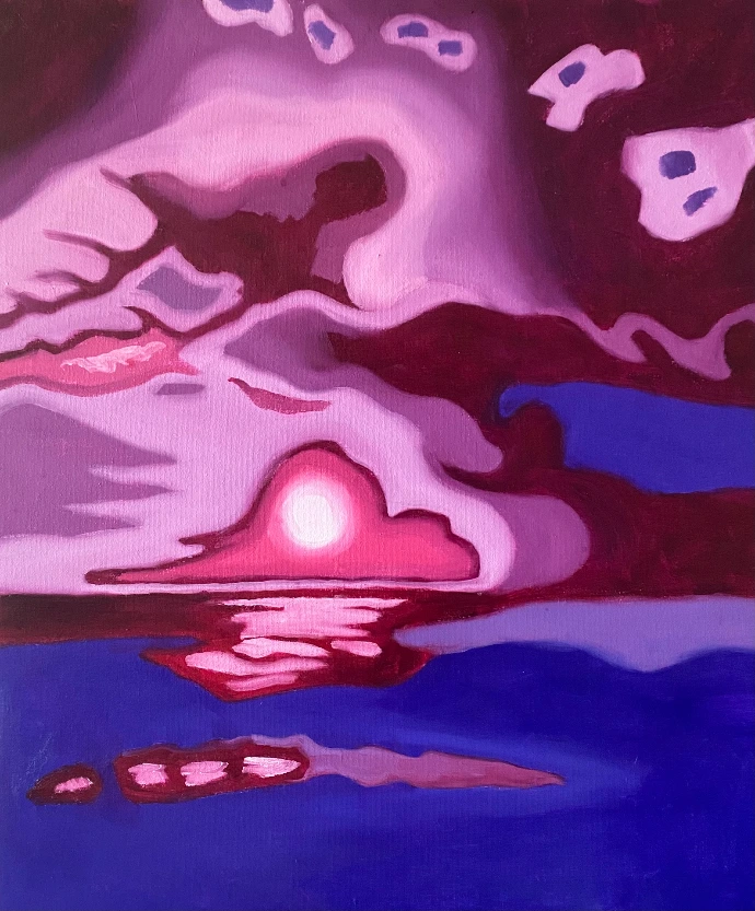 La vie en rose, paysage de coucher de soleil sur la mer en bichromie rose et bleue, à l'huile, de 38x46cm par Salomé Quetier (Slalomart)