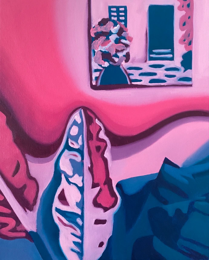 Intérieur rose, scène d'intérieur en bichromie rose et turquoise, à l'huile, de 40x50cm par Salomé Quetier (Slalomart)