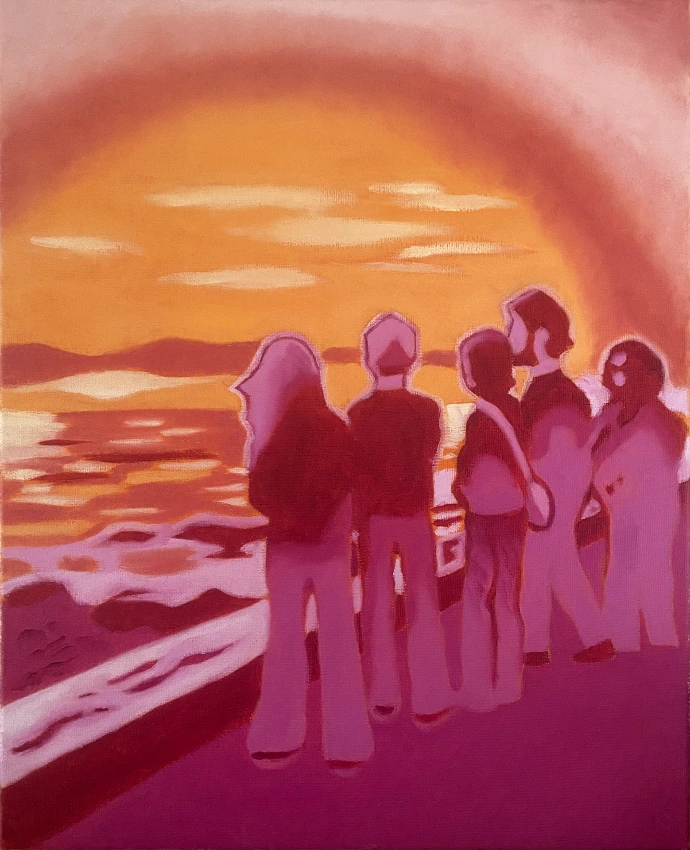 Les amis n°2, peinture à l'huile originale en bichromie magenta et orane d'un groupe d'amis devant la plage le soir par Salomé Quetier, 40x50cm