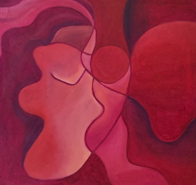 Fusion, peinture à l'huile abstraite représentant l'harmonie et l'amour d'une relation entre l'humain et l'animal, 70x70cm par Salomé Quetier (Slalomart)