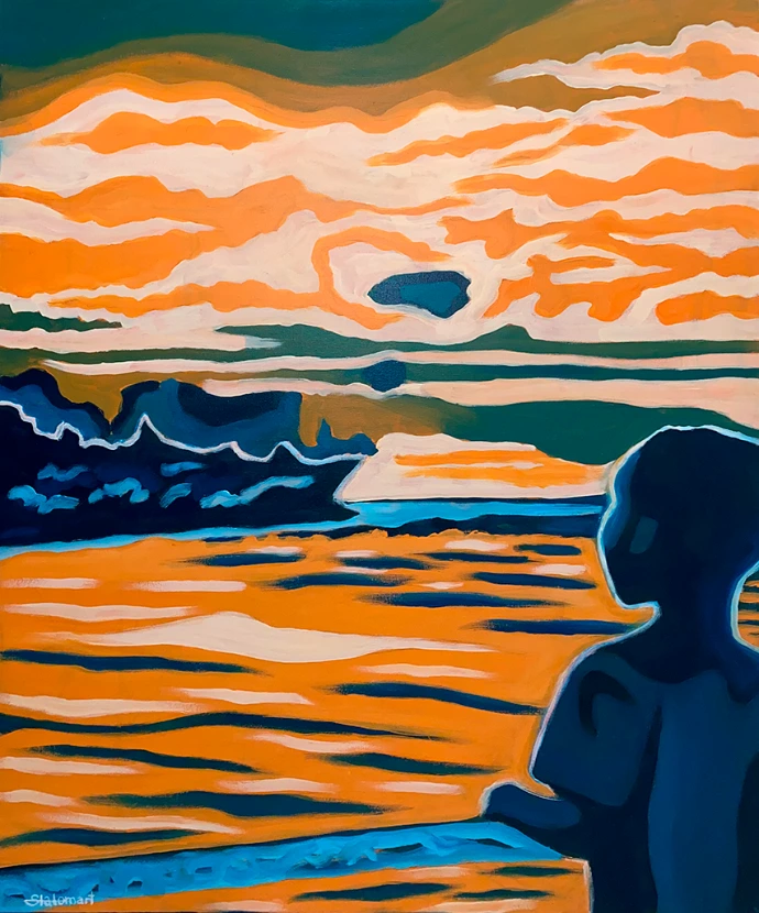Après la pluie n°5, peinture à l'huile en bichromie orange et turquoise d'un paysage de Guadeloupe, 60x80cm par Salomé Quetier (Slalomart)