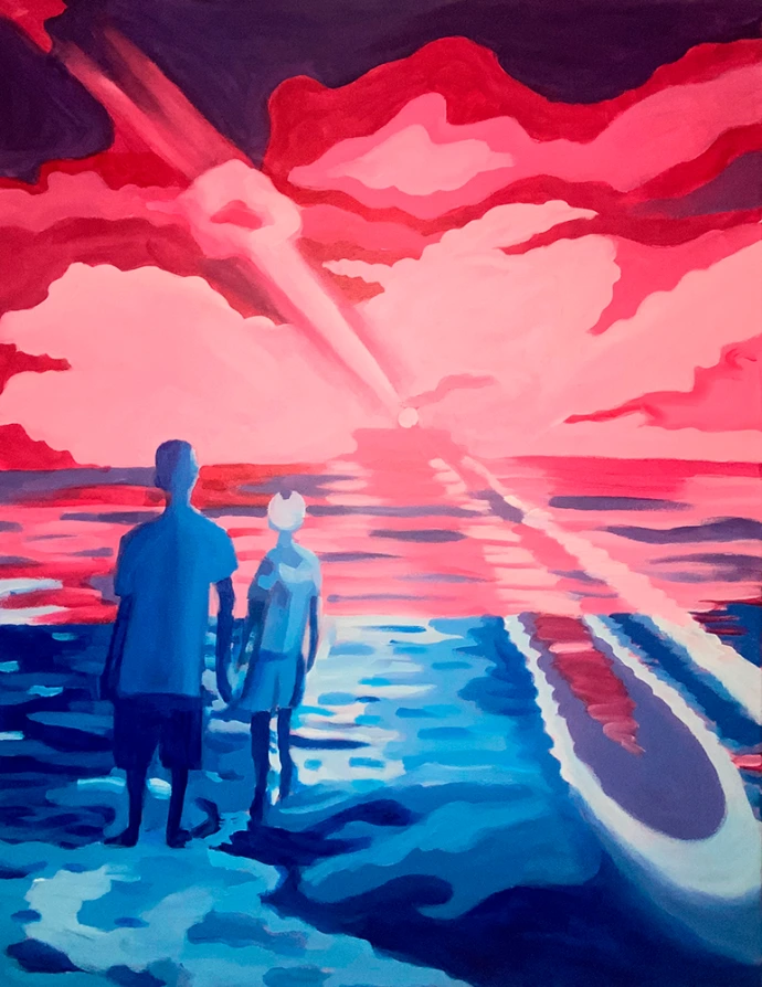 Après la pluie, n°8, peinture acrylique en bichromie rose et bleue de deux silhouettes regardant l'horizon d'un coucher de soleil sur la plage, 60x80cm par Salomé Quetier (Slalomart)