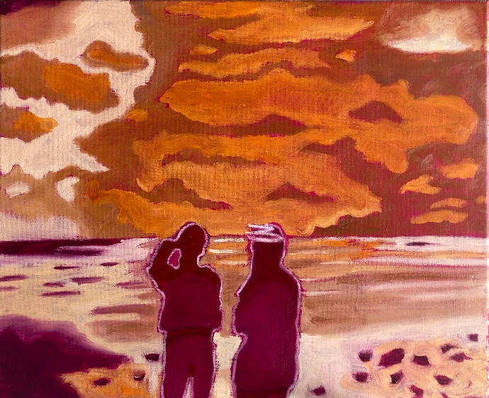 Les amis n°1, peinture à l'huile originale en bichromie magenta et orane d'un groupe d'amis devant la plage le soir par Salomé Quetier, 40x50cm