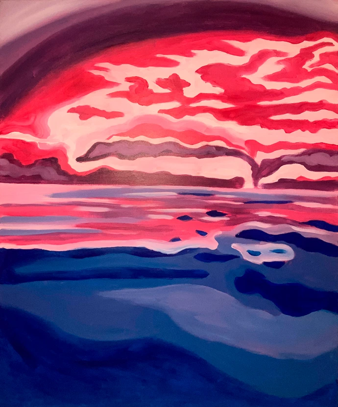 Après la pluie n°7, peinture à l'huile d'un paysage en bichromie rose et bleue, paysage de bord de mer en début de soirée, 60x80cm par Salomé Quetier (Slalomart)