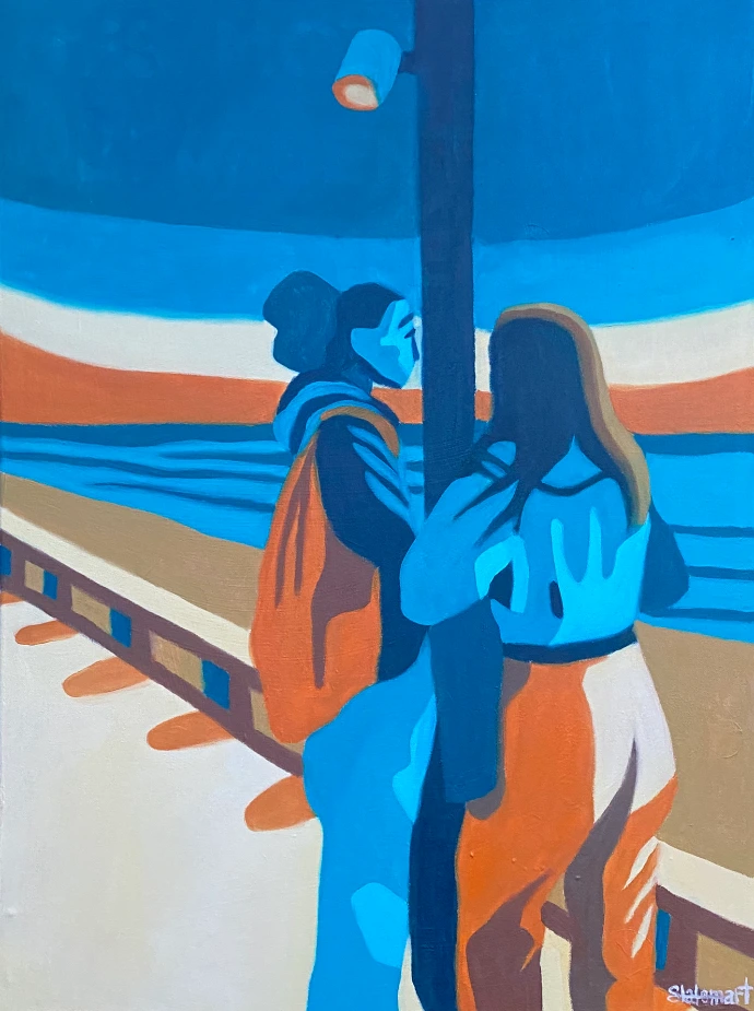 Soirée aux Sables, peinture à l'huile originale par Salomé Quetier en bichromie orange et turquoise, deux silhouettes devant la mer, 60x80cm