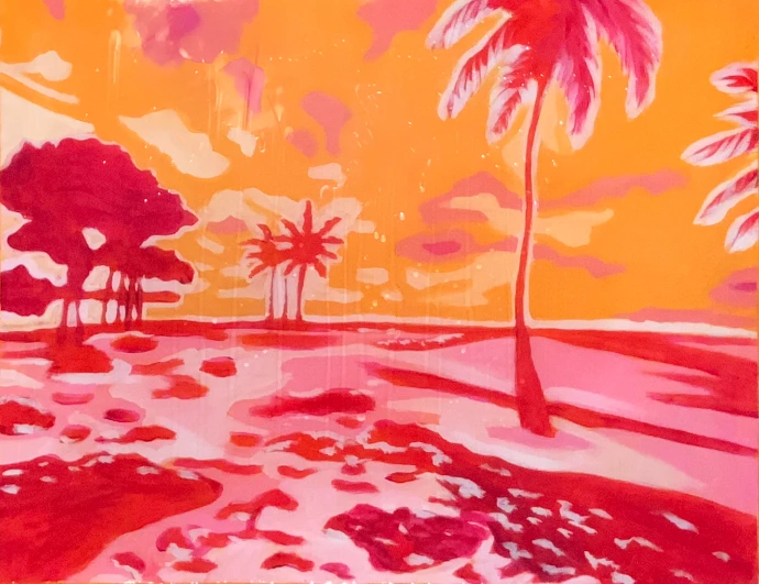 Après la pluie n°3, peinture acrylique et résine en bichromie orange et magenta d'un paysage de Guadeloupe, 40x50cm par Salomé Quetier (Slalomart)
