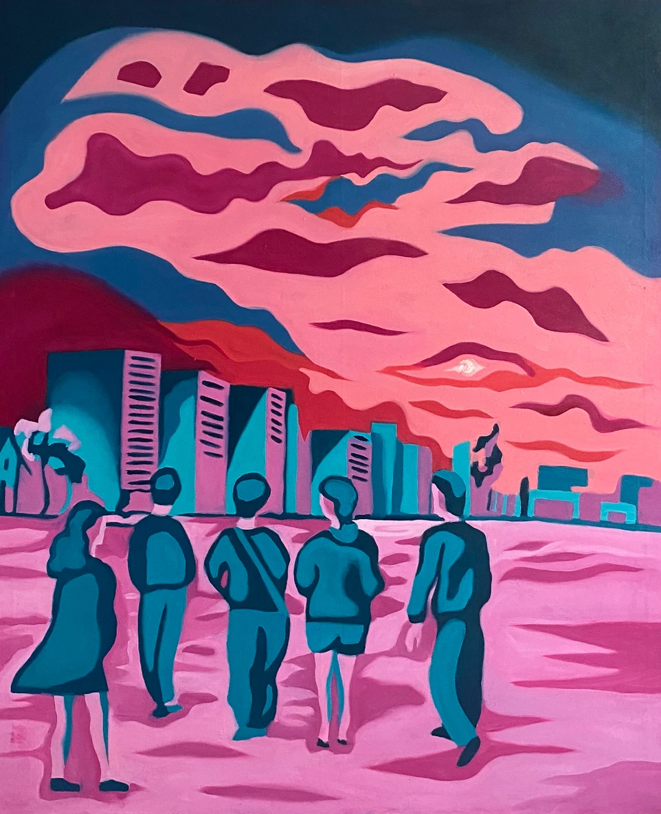 Les amis n°3, peinture à l'huile contemplative d'un groupe d'amis se baladant sur la plage des Sables d'olonne en bichromie rose et turquoise, 100x150cm par Salomé Quetier (Slalomart)