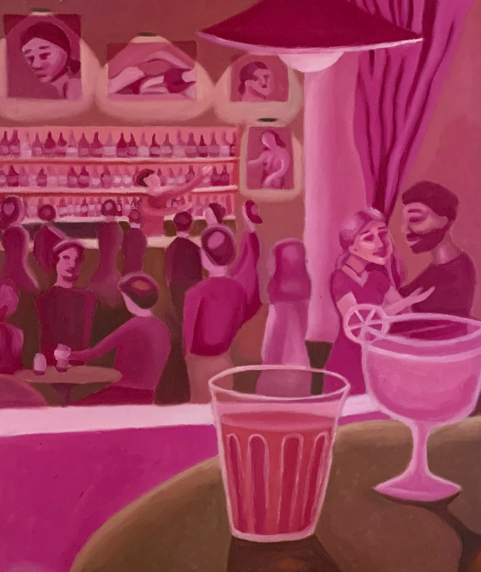 Bar ambiance, peinture d'une scène de vie dans un bar en bichromie orange et rose à l'huile, de 60x80cm par Salomé Quetier (Slalomart)