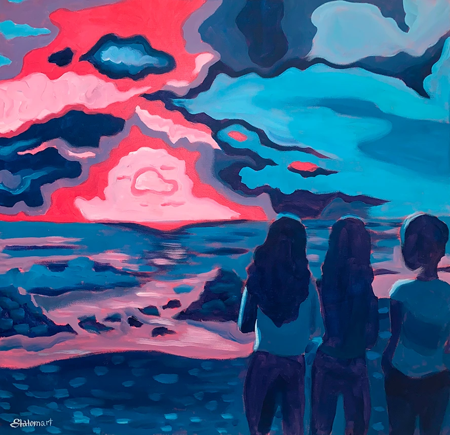 Après la pluie n°4, peinture à l'huile originale contemplative en bichromie rose et turquoise de 70x70cm par Salomé Quetier (Slalomart)