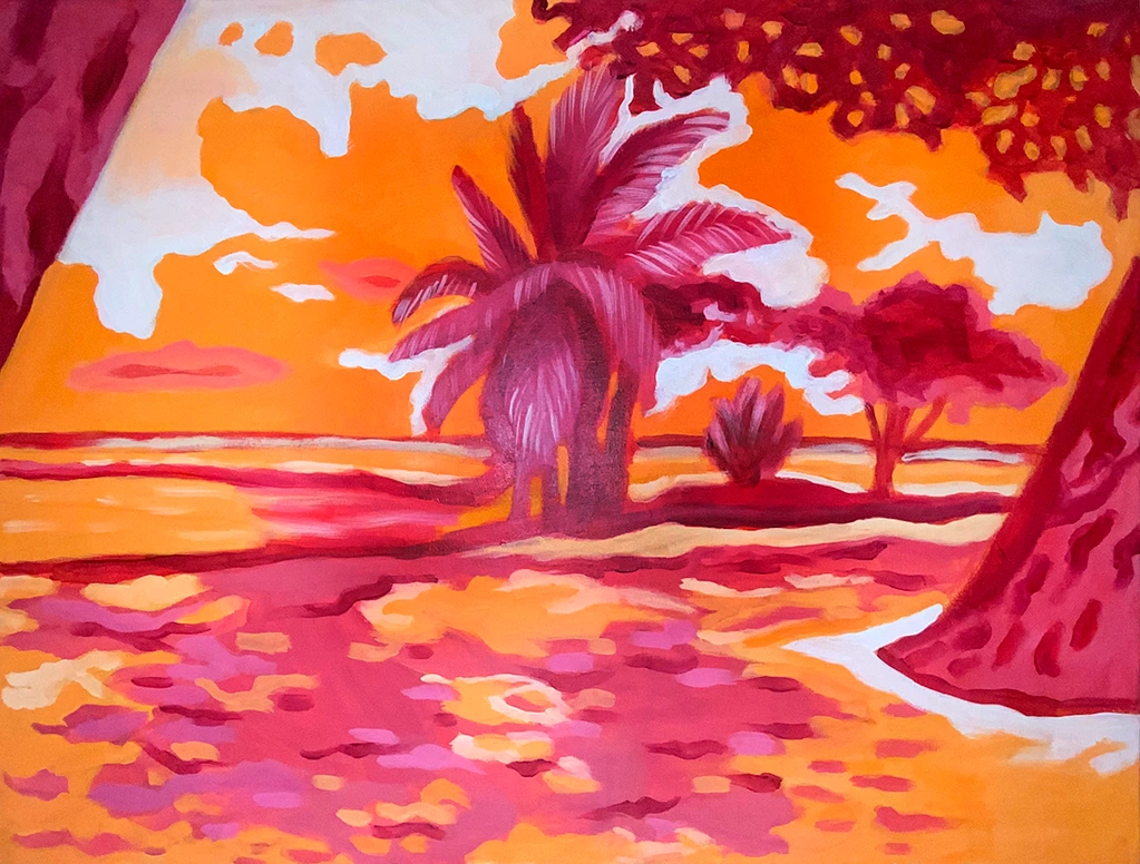 Après la pluie n°6, peinture acrylique en bichromie orange et magenta d'un paysage de Guadeloupe, 60x80cm par Salomé Quetier (Slalomart)