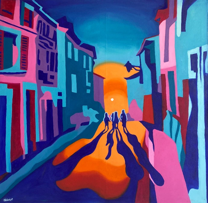 Oeuvre originale par Salomé Quetier intitulée "Retour de soirée" ; peinture à l'huile contemplative, rêveuse, soir d'été au coucher de soleil et silhouettes dans un village.