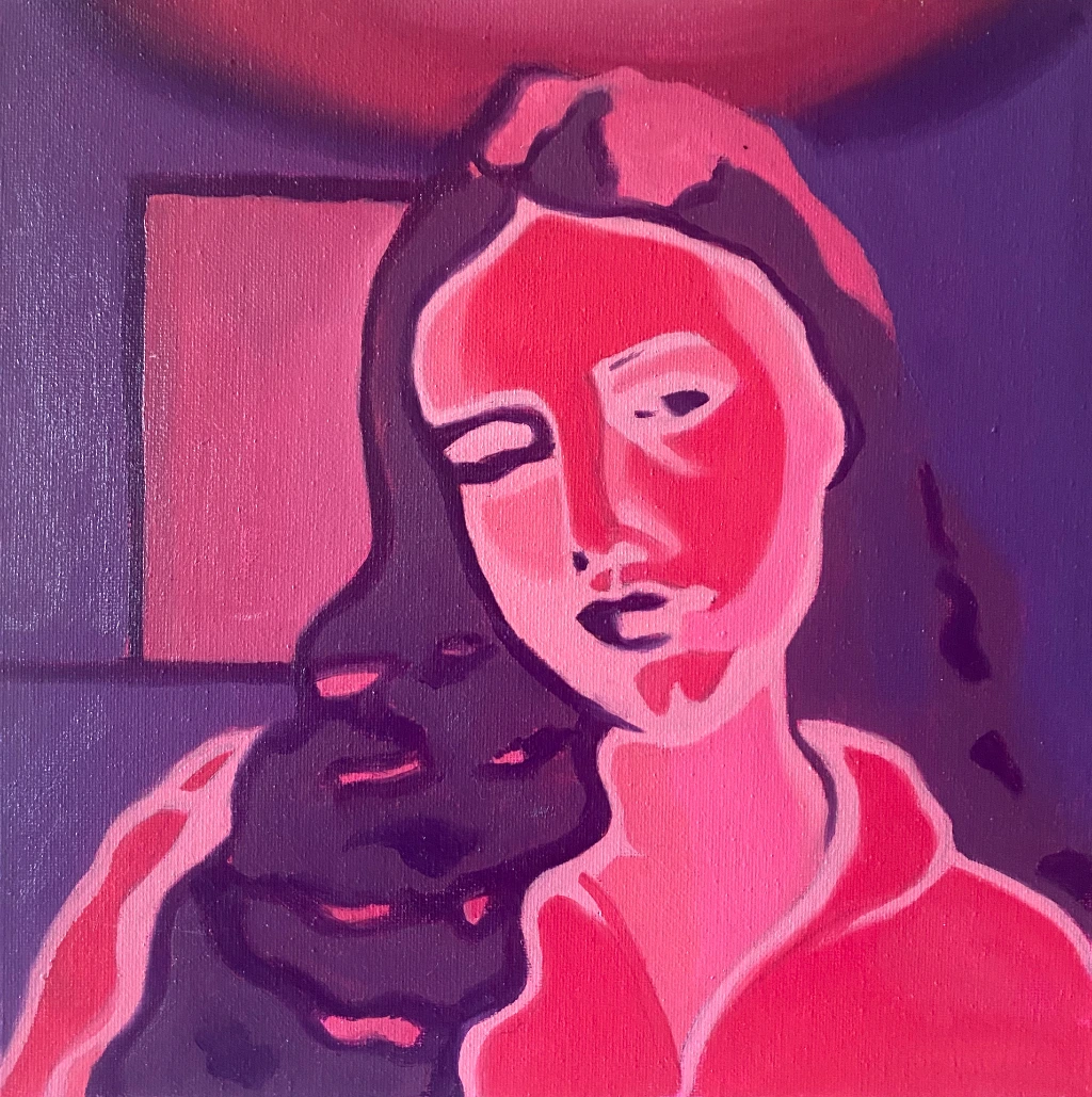 Facettes, autoportrait à l'huile en bichromie rose et violette de 29x29cm par Salomé Quetier (Slalomart)