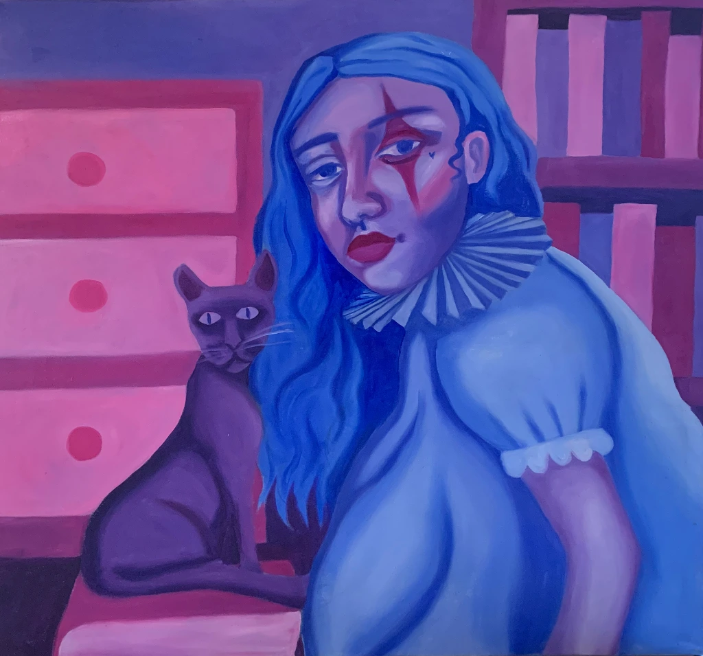 Ari et moi en clown triste, peinture à l'huile originale, autoportrait surréaliste de l'artiste et son chat en clown, 100x100cm par Salomé Quetier (Slalomart)