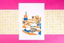 Salome-quetier-linogravure-artisanale-repas-fleuri-orange-bleu.webp