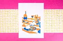 Salome-quetier-linogravure-artisanale-repas-fleuri-orange-bleu.webp
