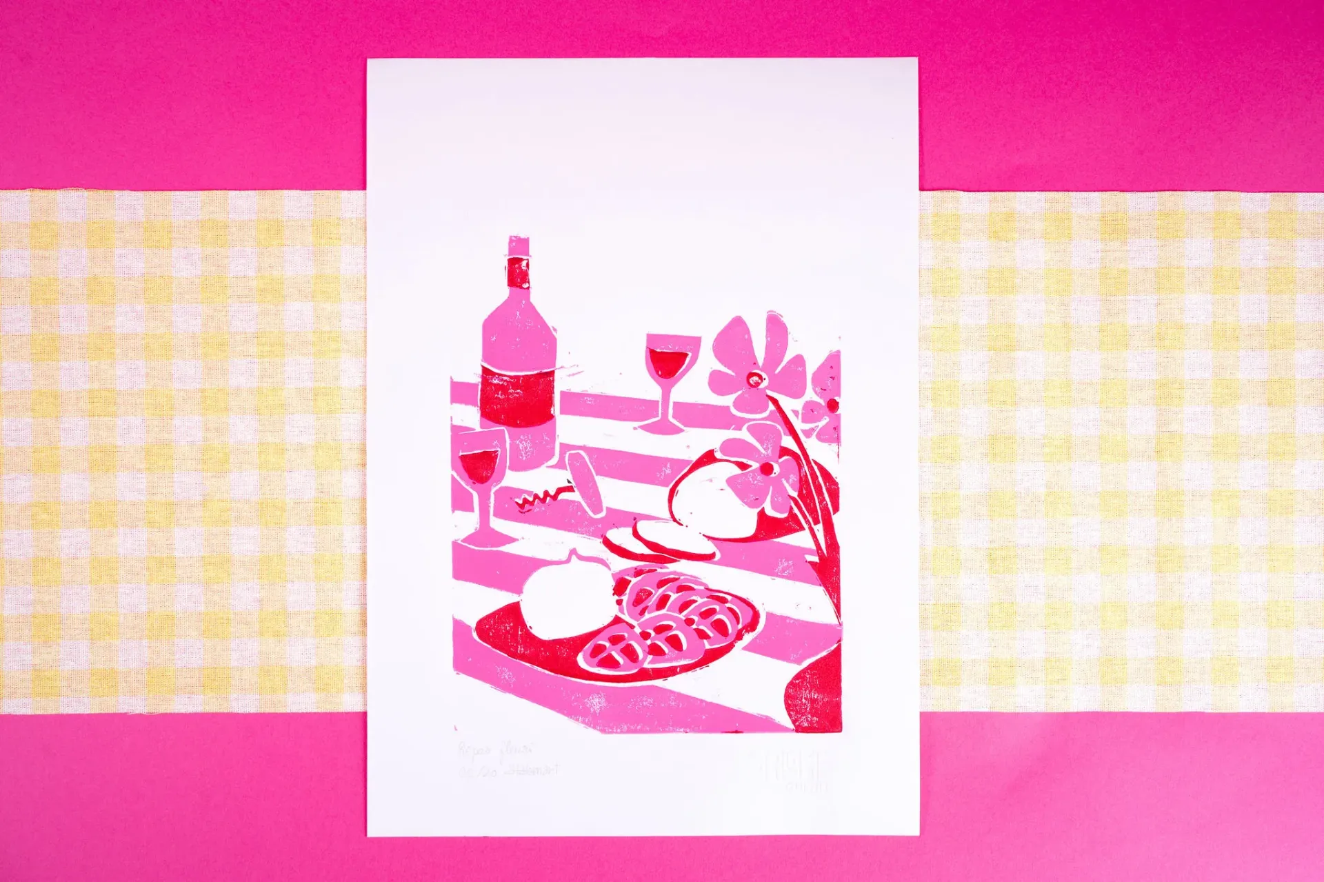 Linogravure Repas fleuri